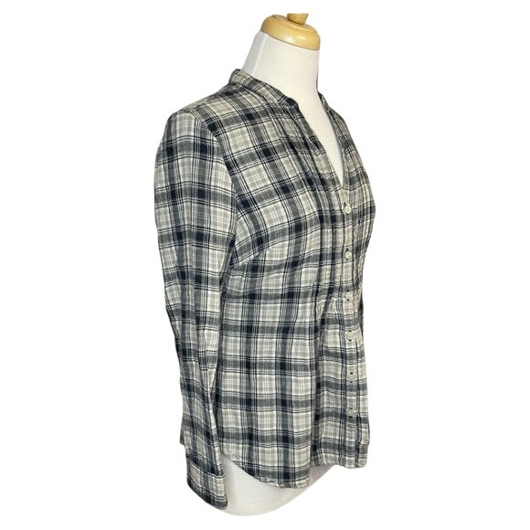 Converse Womans Plaid Shirt Smocked Fitted Top Button Up Cream Size M - Picture 4 of 7